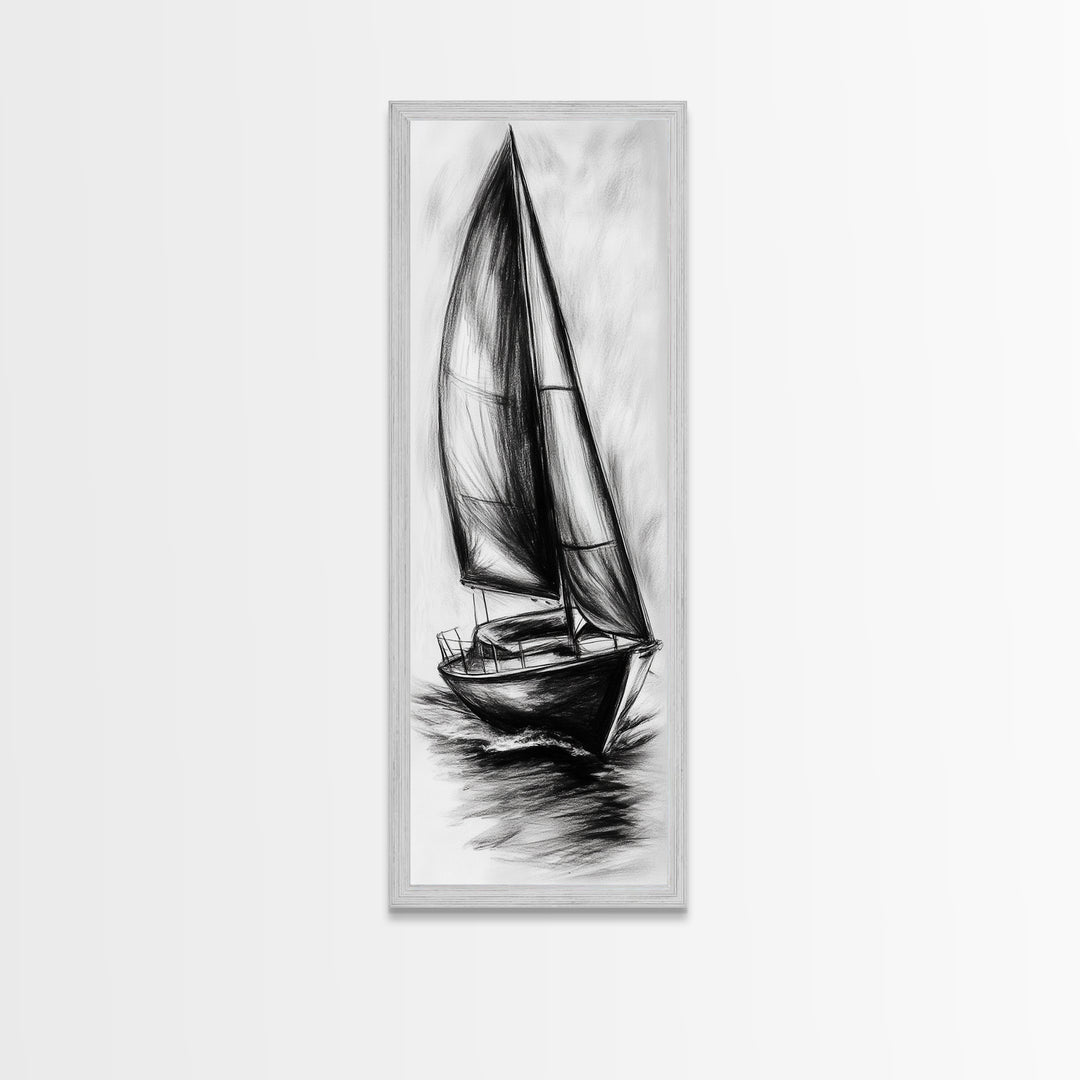 Charcoal Sketch of a Sailboat, Framed Canvas Print, Nautical Decorl Nautical Wall Art, Sailboat Painting, Sail Boat Art, Tall Skinny Wall Art