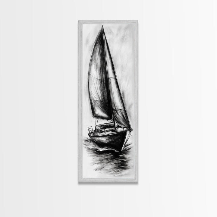 Charcoal Sketch of a Sailboat, Framed Canvas Print, Nautical Decorl Nautical Wall Art, Sailboat Painting, Sail Boat Art, Tall Skinny Wall Art