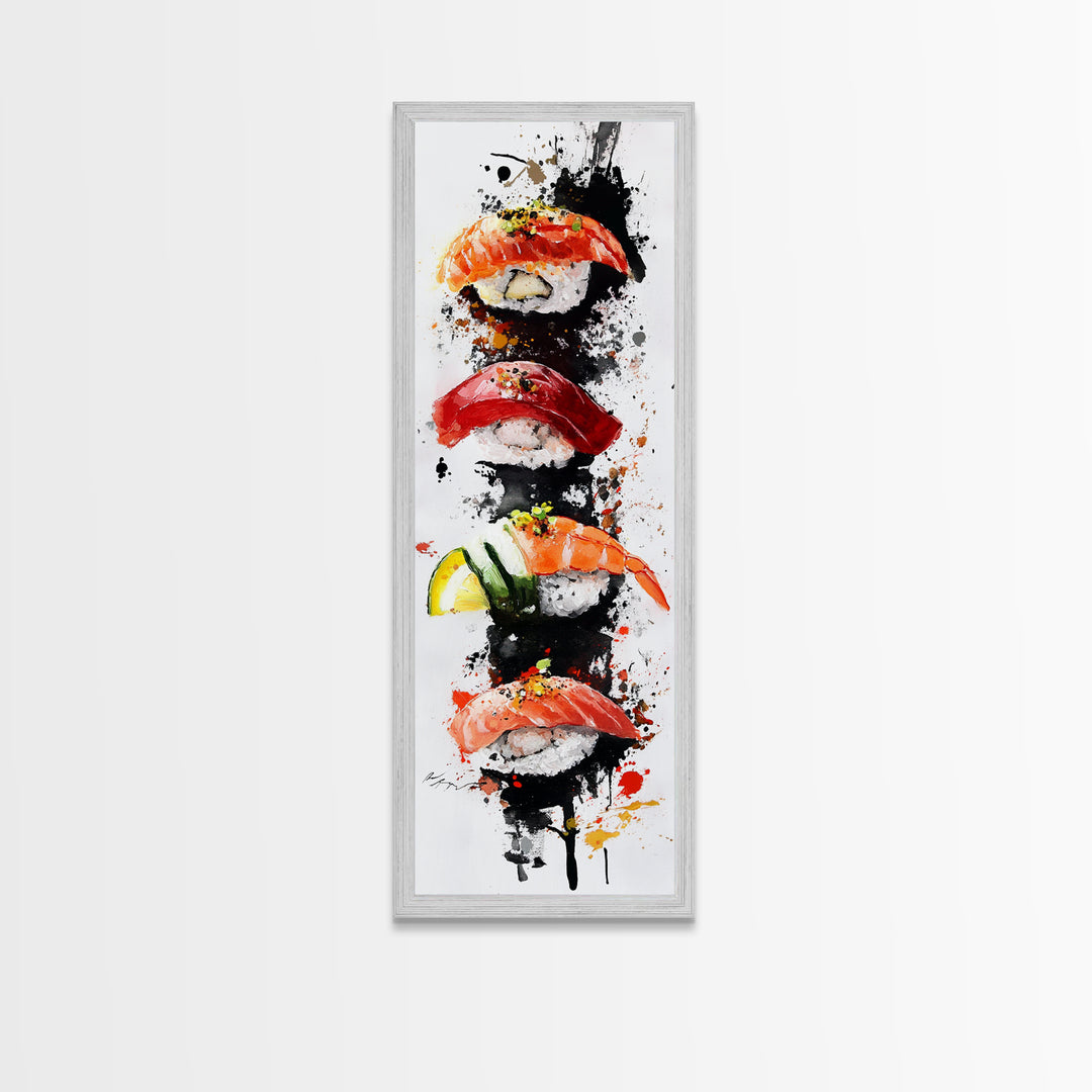 Abstract Art For Kitchen - Framed Canvas Print - Sushi Painting - Sushi Art - Kitsch Kitchen Wall Art - Tall Skinny Art - Narrow Wall Art - Kitchen Decor