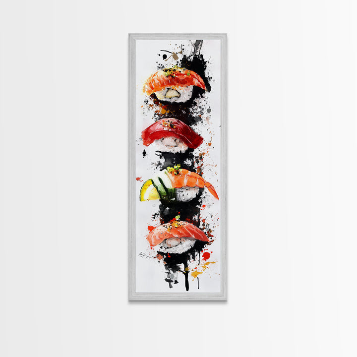Abstract Art For Kitchen - Framed Canvas Print - Sushi Painting - Sushi Art - Kitsch Kitchen Wall Art - Tall Skinny Art - Narrow Wall Art - Kitchen Decor