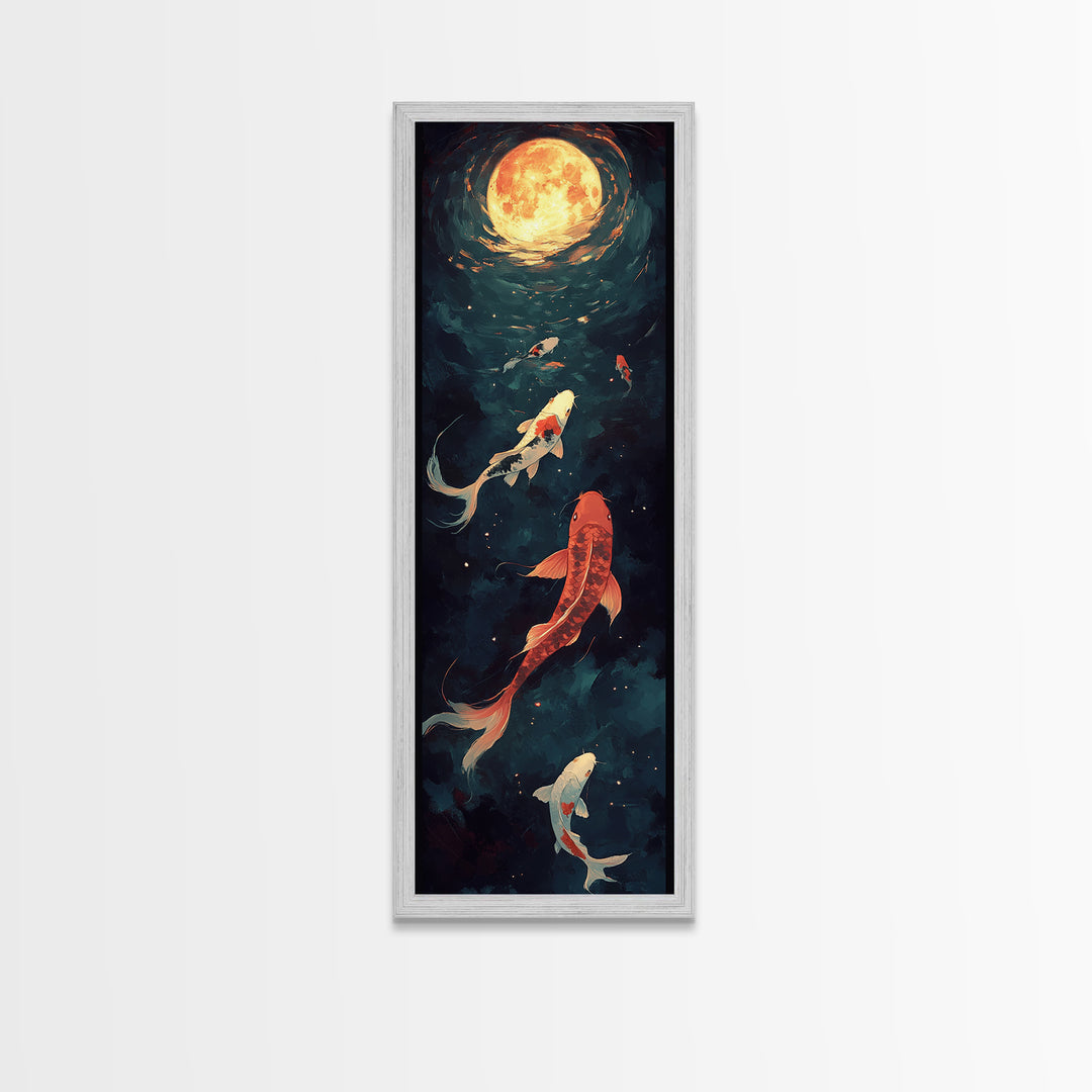 Koi Fish Under a Full Moon, Framed Canvas Print, Wabi Sabi Home Decor, Funky Boho Wall Art, Tall Skinny Art, Narrow Tall Wall Art