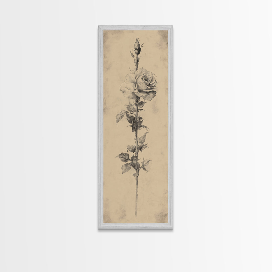 Black and White Sketch of a Rose, Framed Canvas Print, Narrow Art, Tall Skinny Art, Flower Painting, Paint of a Rose, Floral Prints