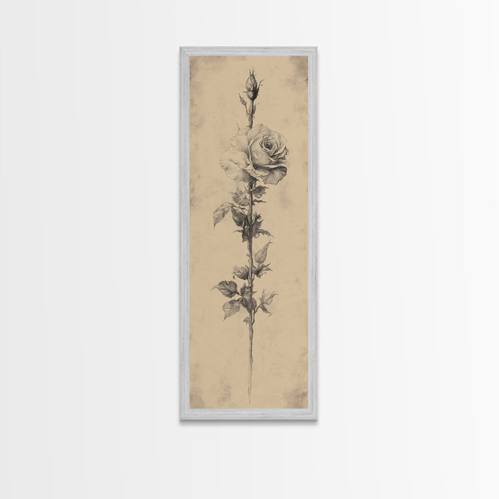 Black and White Sketch of a Rose, Framed Canvas Print, Narrow Art, Tall Skinny Art, Flower Painting, Paint of a Rose, Floral Prints