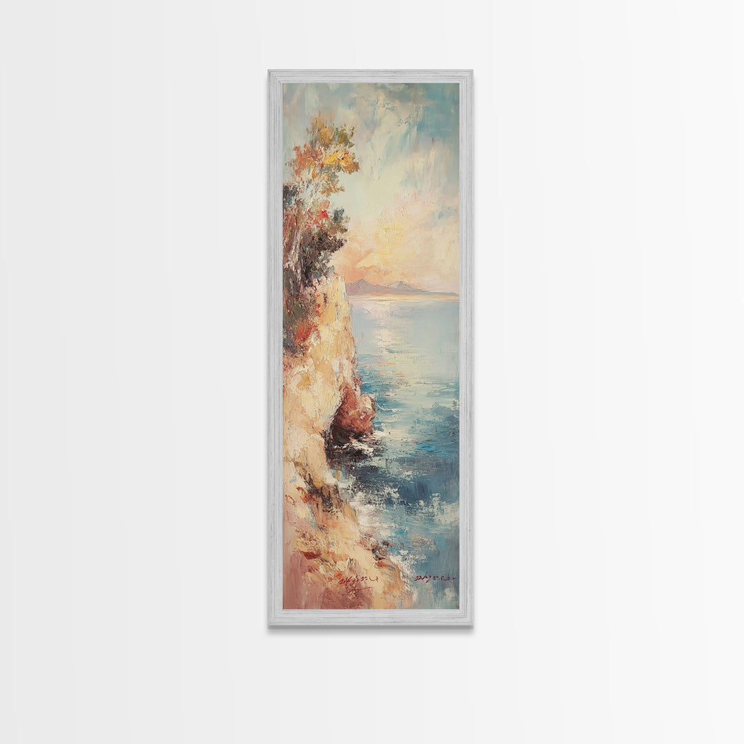 Nautical Landscape Painting Print, Framed Canvas, Beautiful Sunset Over The Coast, Coastal Decor, Tall Narrow Art, Skinny Wall Art