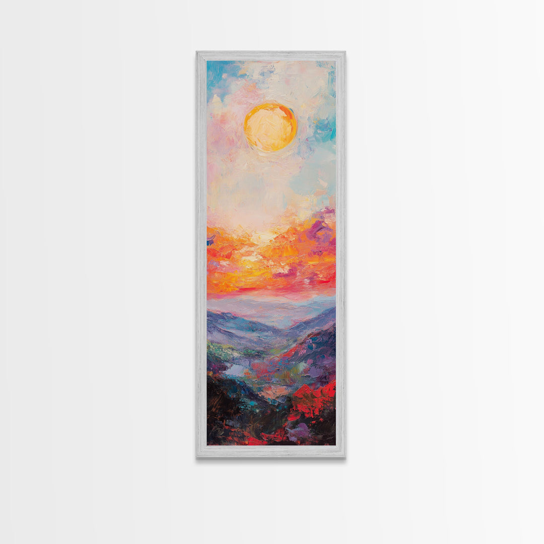 Abstract Oil Painting Print of a Sunset Over The mountains - framed canvas - ready to hang - tall narrow wall art - skinny accent piece wall art