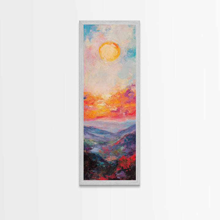 Abstract Oil Painting Print of a Sunset Over The mountains - framed canvas - ready to hang - tall narrow wall art - skinny accent piece wall art