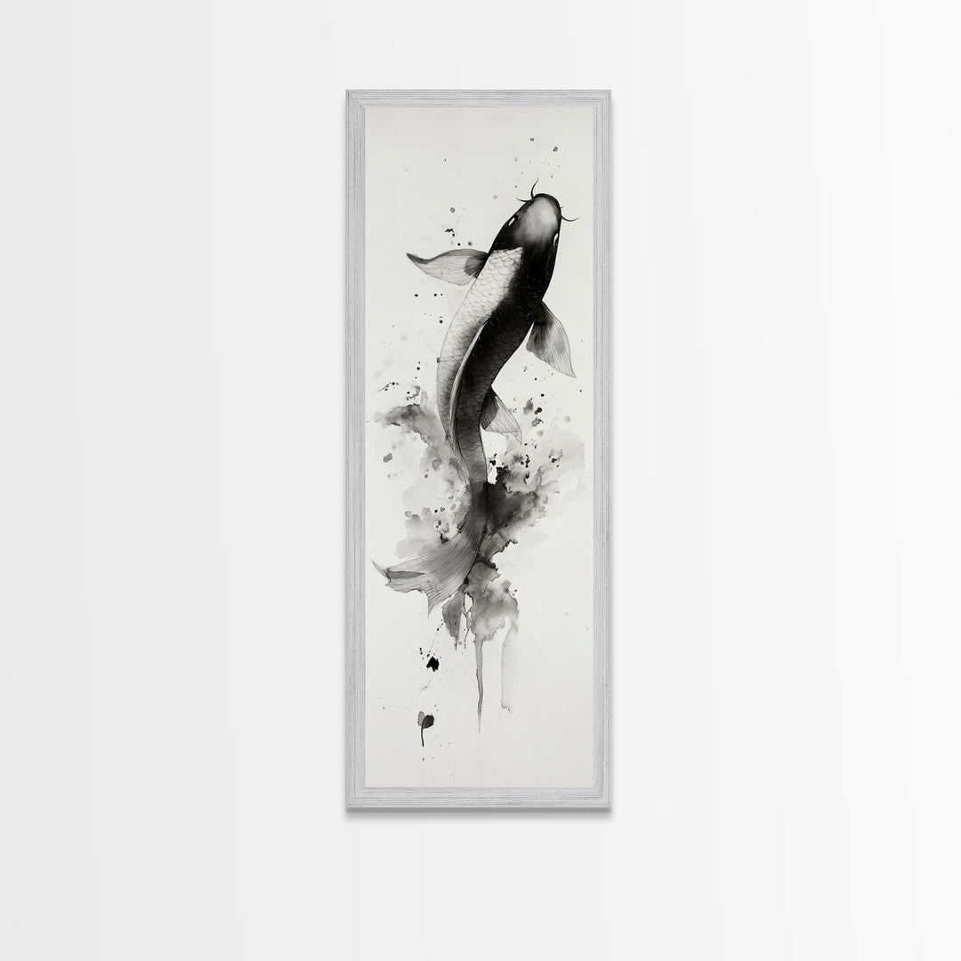 Tall Skinny Koi Fish Painting Print, Black and White Wabi Sabi Wall Art, Koi Fish Wall Decor, Japanese Style Elegant Artwork, Narrow Wall Art