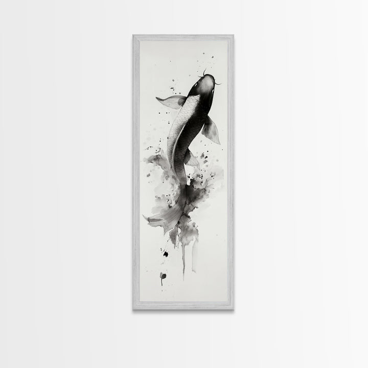 Tall Skinny Koi Fish Painting Print, Black and White Wabi Sabi Wall Art, Koi Fish Wall Decor, Japanese Style Elegant Artwork, Narrow Wall Art