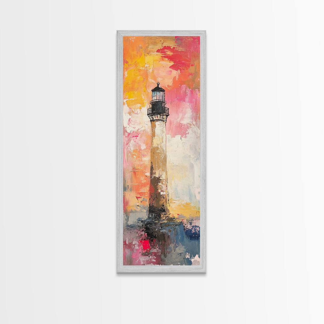 Canvas Print of Vibrant Lighthouse Painting with Nautical Decor, Coastal Wall Art, Bright Sunset, Above Couch Art, Tall Skinny Art, Seascape Painting, Gift Idea