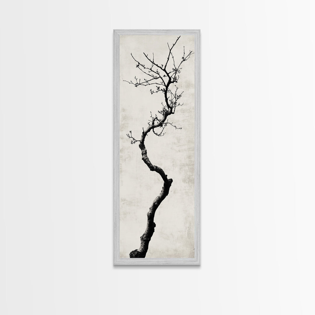 Framed Canvas Print of Minimalist Birch Tree Art in Black and White, Wabi Sabi Art, Rustic Wall Art, Above Bed Wall Art, Tall Skinny Art, Japanese Aesthetic
