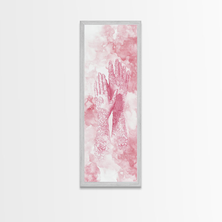 Elegant Mehndi Hand Art Framed Canvas Print - Light Pink Wall Art, Botanical Prints, Whimsical Art, Yoga Art, Gift Idea Her, Bedroom Decor