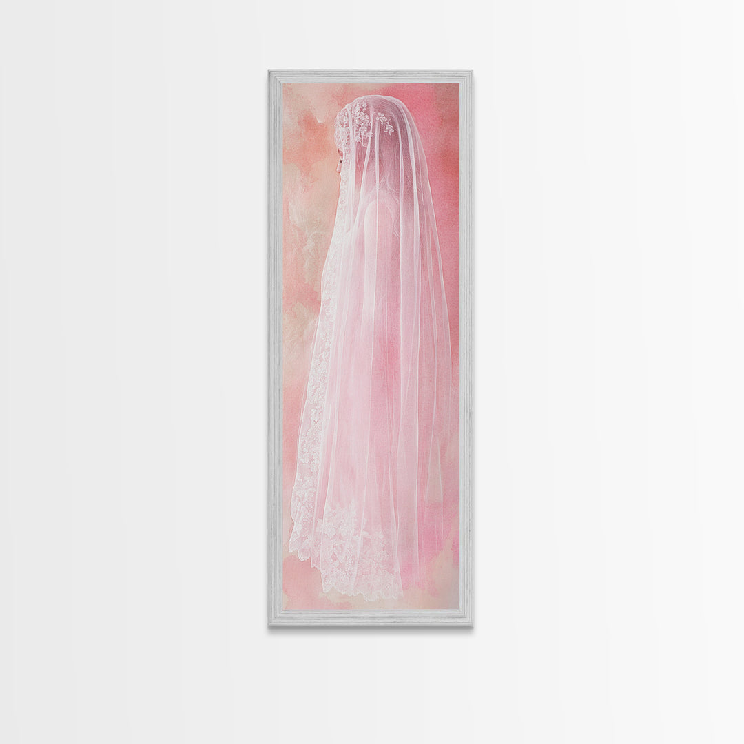 Delicate Bridal Veil Framed Canvas Print Feminine Pink Wall Art Wabi Sabi Minimalist Romantic Bedroom Artwork Unique Wedding Gift Idea
