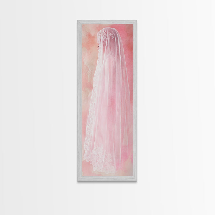 Delicate Bridal Veil Framed Canvas Print Feminine Pink Wall Art Wabi Sabi Minimalist Romantic Bedroom Artwork Unique Wedding Gift Idea