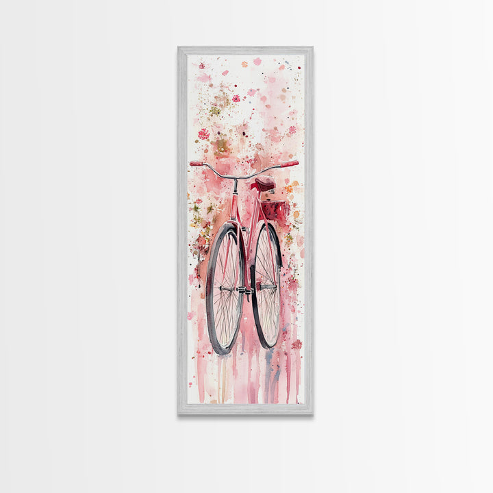 Bicycle Art Canvas Print Retro Pink Wall Art Long Narrow Vintage Style Above Couch Gift Idea Light Pink Minimalist Wabi Sabi Art