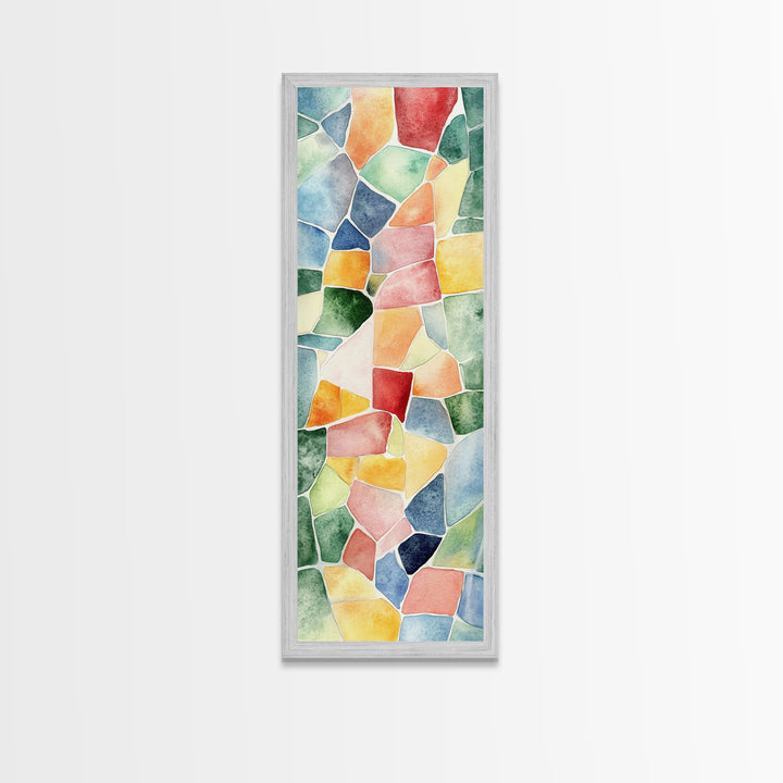 Stained Glass Mosaic Framed Canvas Print Vibrant Moroccan Wall Art Bright Geometric Long Skinny Living Room or Bedroom Decor