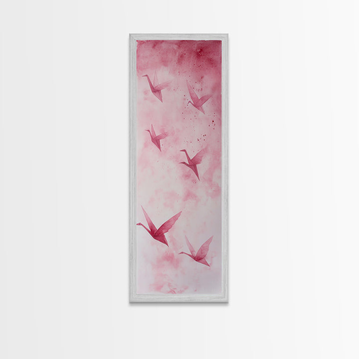 Crane Flight Canvas Print, ethereal origami bird painting in pink abstract hues, tall narrow wall art with zen minimalist aesthetic.