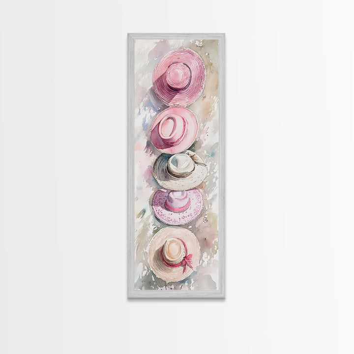 Summer Hats Canvas Print, coastal cowgirl wall art with pastel pink and beige hat patterns, rustic vertical wall art for living spaces.