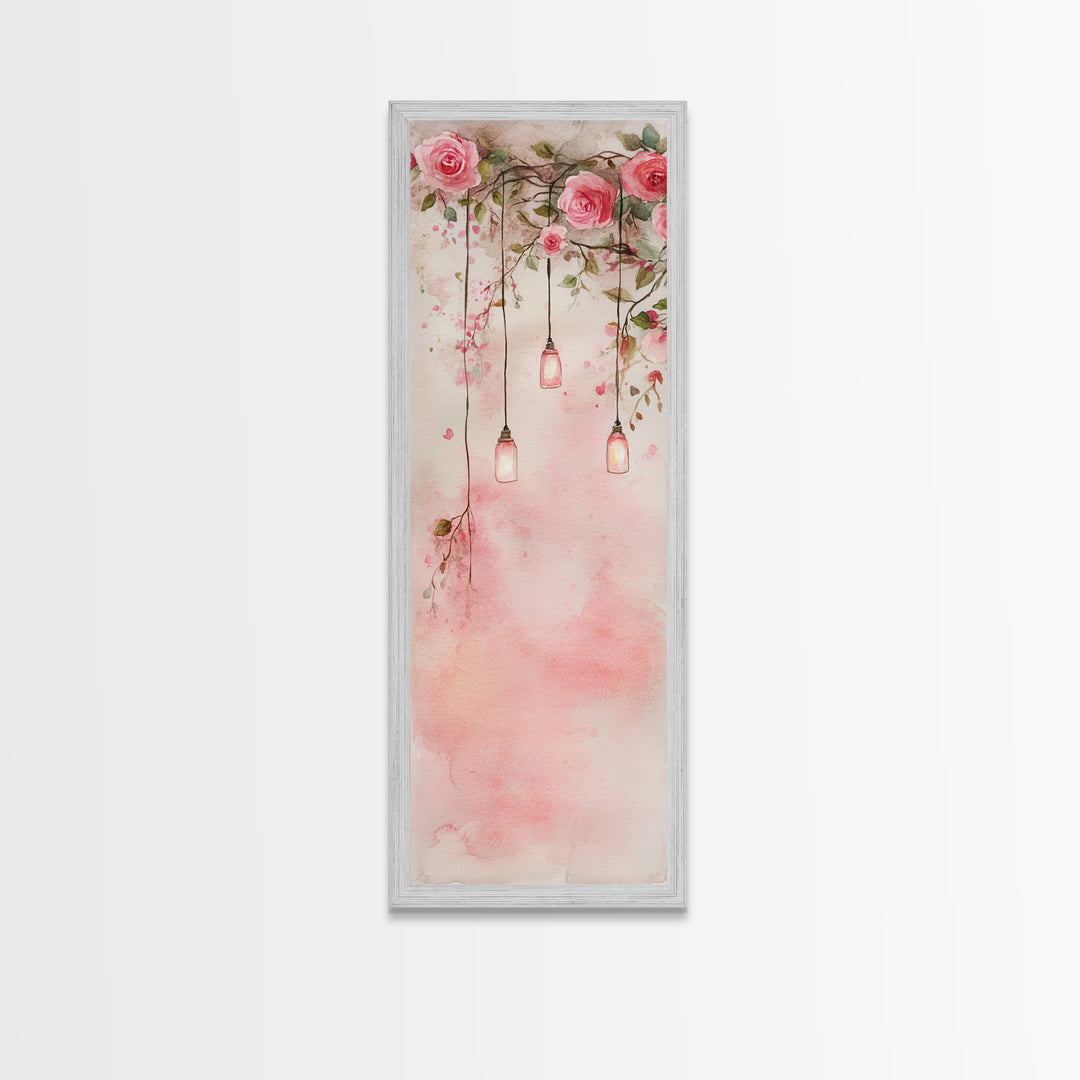 Rose Lantern Canvas Print, romantic floral and hanging lanterns painting with soft pink tones, whimsical boho wall art for bedroom decor.