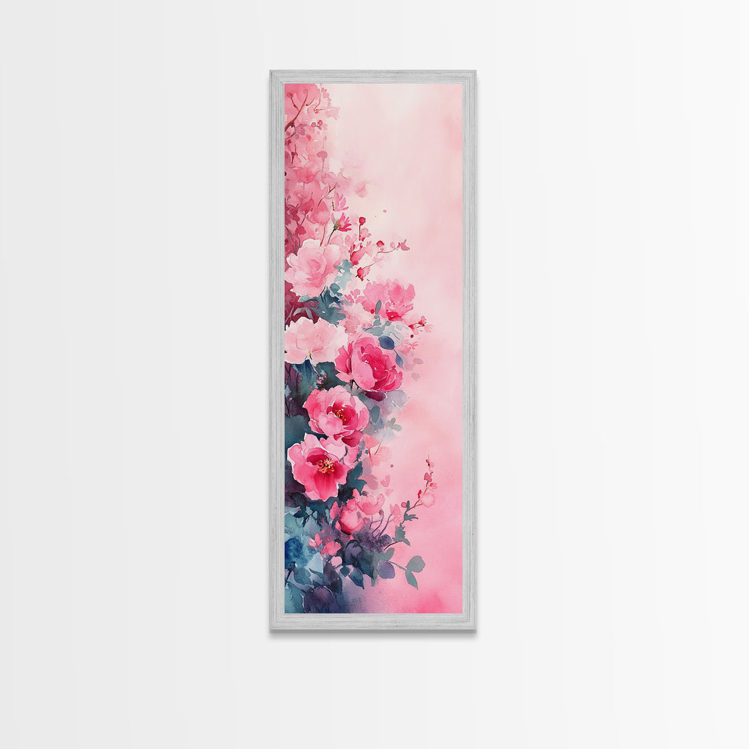 Romantic Rose Painting Framed Canvas Print with Light Pink Wall Art Featuring Cherry Blossom Details and Cozy Bedroom Decor Accents
