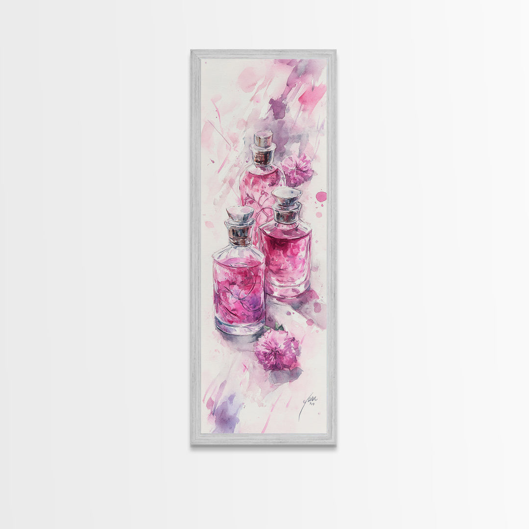 Perfume Bottles Canvas Print - Elegant Pink Abstract Art, Feminine Glass Bottles Artwork, Gift Idea for Her, Bedroom Wall Decor