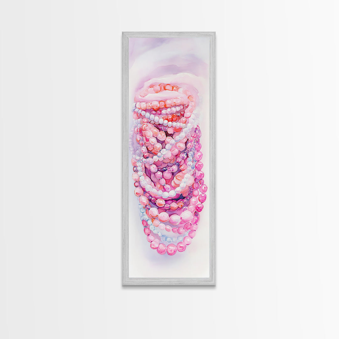 Pastel Beads Canvas Print - Whimsical Tall Narrow Art, Pink Pearl Inspired Jewelry Painting, Vertical Art for Boho Bedroom