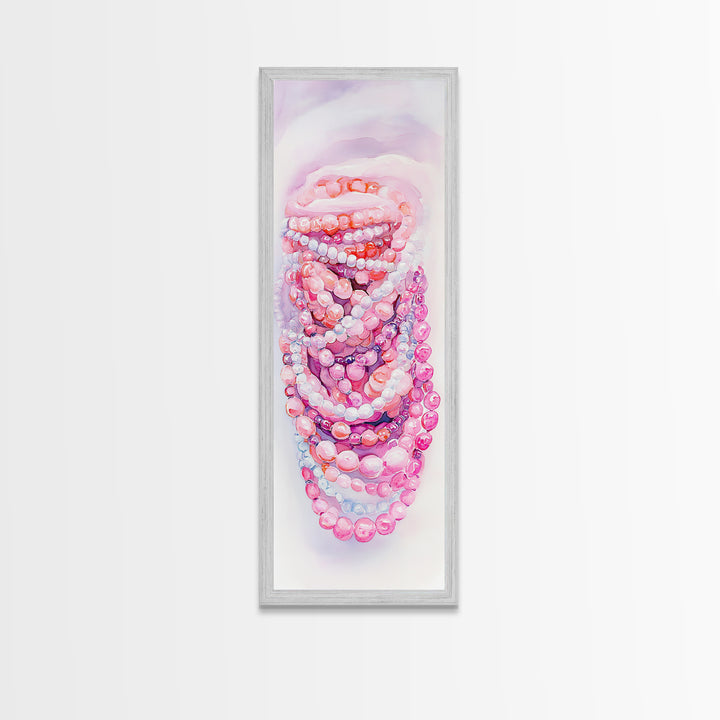 Pastel Beads Canvas Print - Whimsical Tall Narrow Art, Pink Pearl Inspired Jewelry Painting, Vertical Art for Boho Bedroom