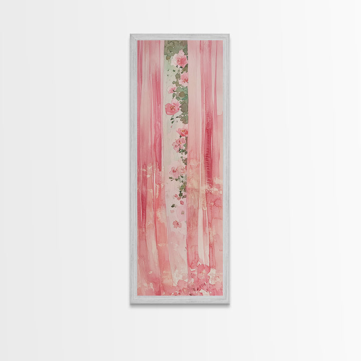 Pink Floral Curtains Framed Canvas Print Whimsical Art Light Pink Wall Art Vertical Wall Art Minimalist Art Rustic Decor Gift