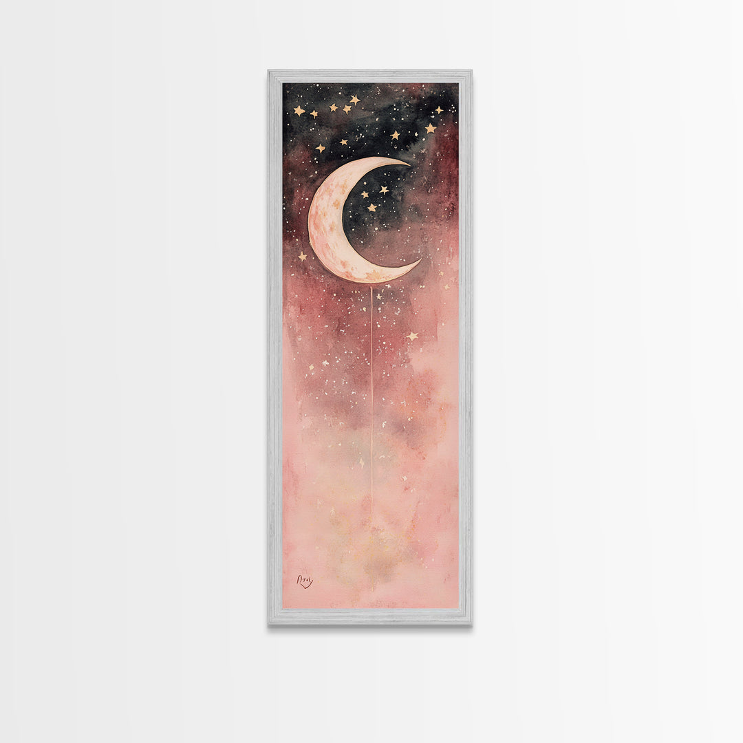Crescent Moon Canvas Print Starry Night Pink Abstract Vertical Wall Art Zen Room Decor Dreamy Boho Gift Idea