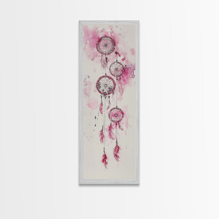 Dreamcatcher Pink Feathers Framed Canvas Print Boho Wall Art Minimalist Long Narrow Art Bedroom Decor Vertical Dorm Wall Art