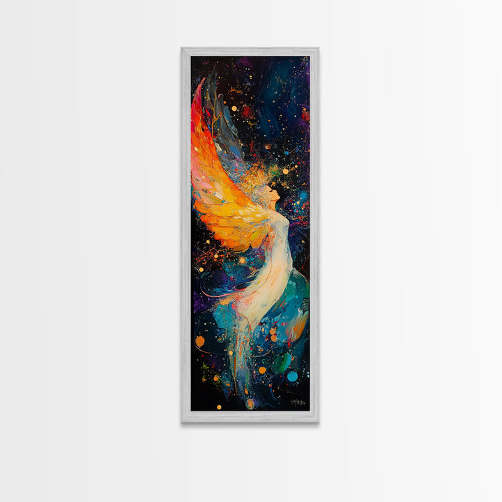 Abstract Angel Framed Canvas Print with Vibrant Colors, Phoenix Metal Art, Long Narrow Wall Art, Living Room Art, Vertical Wall Art
