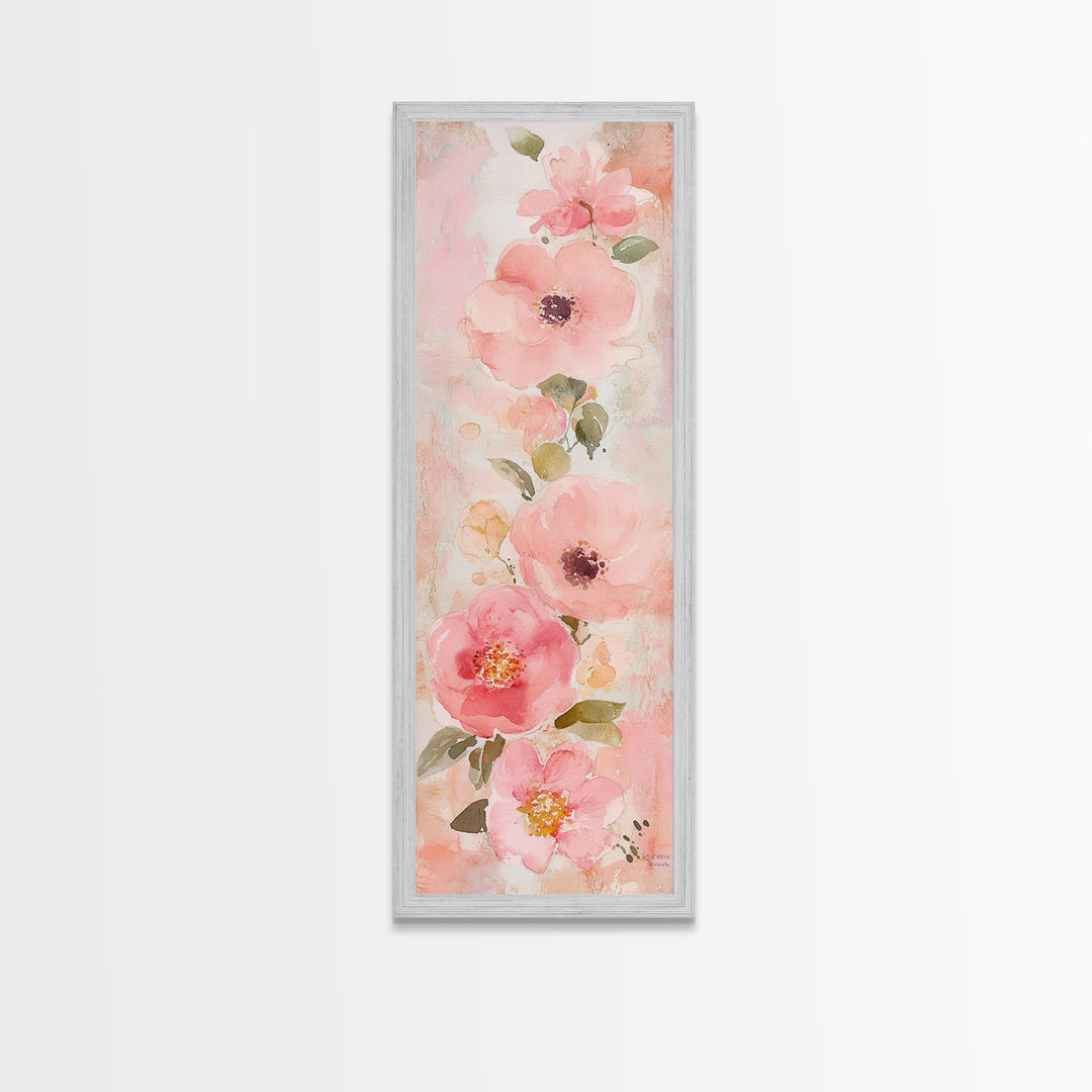 Delicate Floral Wildflower Framed Canvas Print Light Pink Botanical Prints Vertical Wall Art Tall Narrow Art Rustic Living Room Art