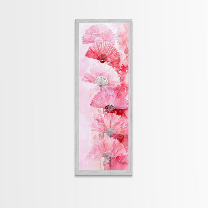 Elegant Hand Fans Framed Canvas Print Chinoiserie Wabi Sabi Wall Art Vertical Pink Decor Skinny Tall Art Light Pink Wall Art