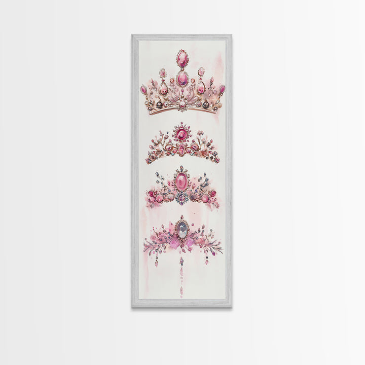 Royal Pink Tiara Framed Canvas Print Princess Gemstone Painting Feminine Wabi Sabi Art Vertical Wall Art Elegant Home Decor