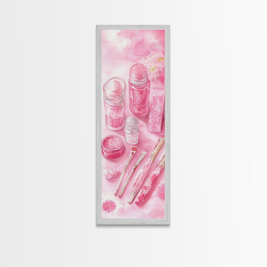 Pastel Pink Beauty Tools Canvas Print Feminine Wall Art Light Pink Bathroom Decor Makeup Lover Rustic Vertical Artwork Girly