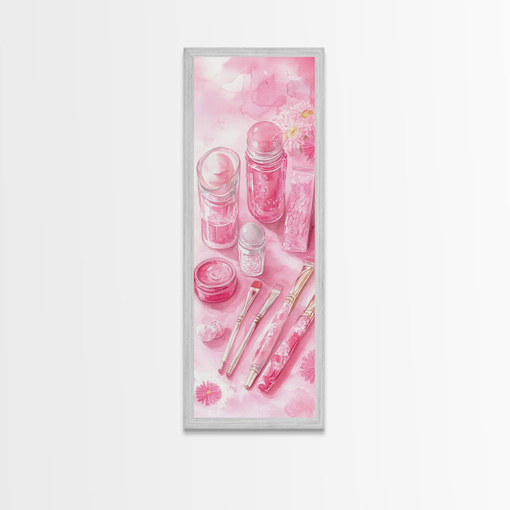 Pastel Pink Beauty Tools Canvas Print Feminine Wall Art Light Pink Bathroom Decor Makeup Lover Rustic Vertical Artwork Girly