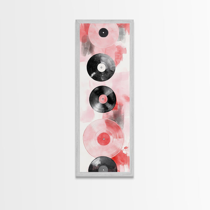 Abstract Vinyl Records Canvas Print, Retro Music Lover Wall Art, Light Pink Minimalist Art, Vertical Skinny Living Room Decor