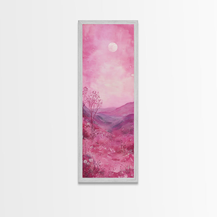 Mystical Pink Moon Framed Canvas Print with Wildflower and Mountain Painting Perfect Moody Landscape Art for Living Room