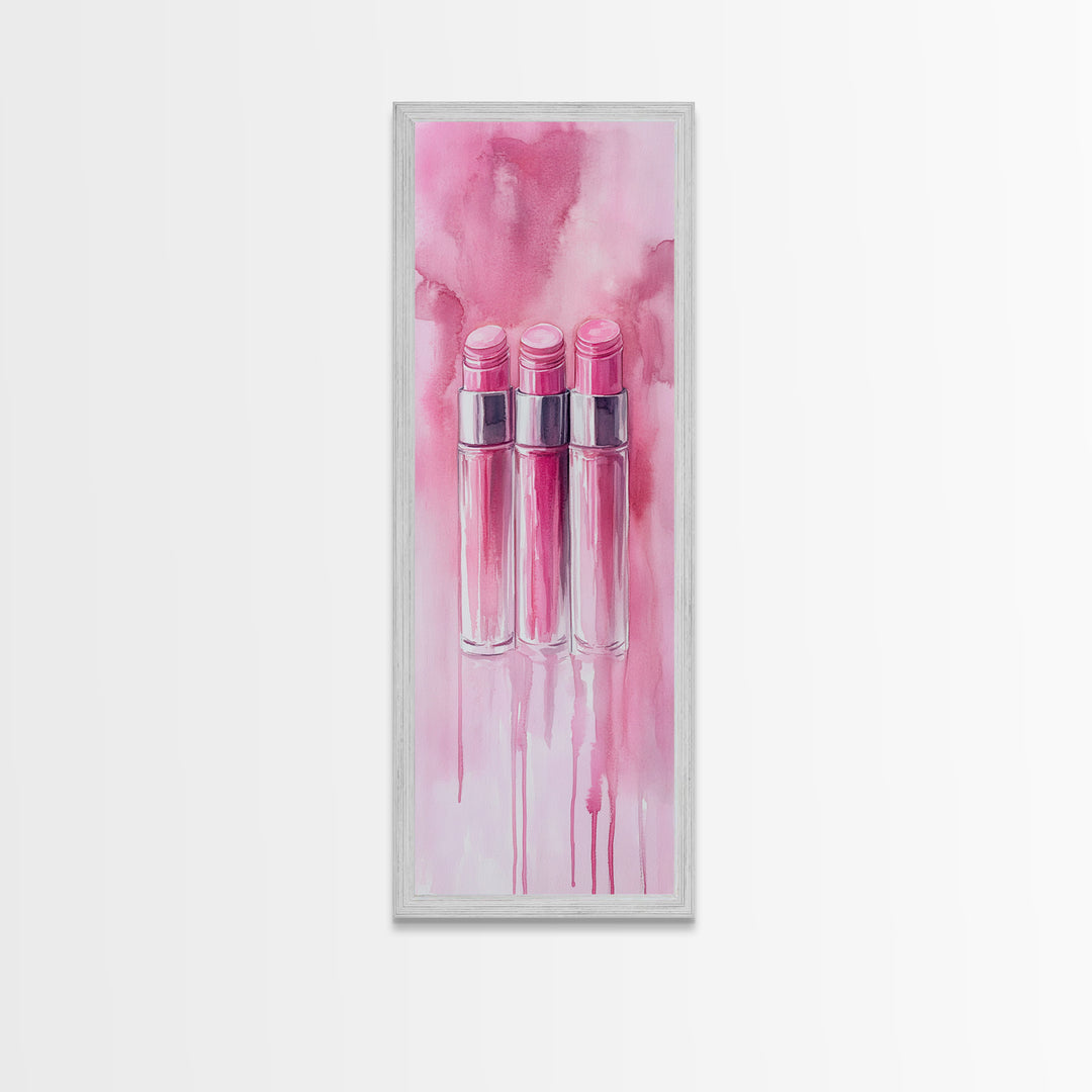 Glossy Pink Lipstick Trio Framed Canvas Print in Minimalist Vertical Wall Art for Fashion and Makeup Room Décor