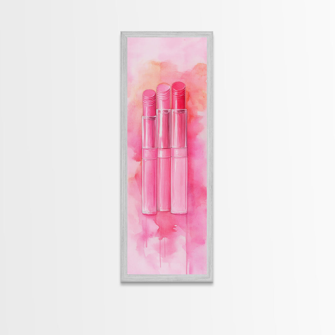 Light Pink Lipsticks Framed Canvas Print, Modern Whimsical Art, Abstract Vertical Art for Makeup Room or Girly Dorm Wall Decor