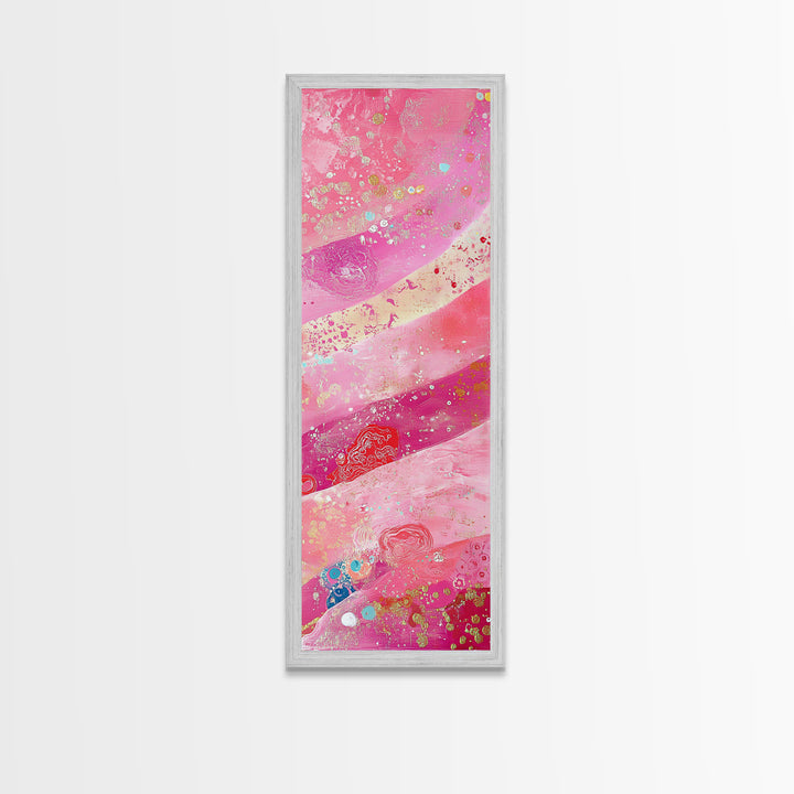 Pink and Gold Abstract Canvas Print, Whimsical Blotter Art with Metallic Accents, Vibrant Vertical Art for Bright and Creative Spaces