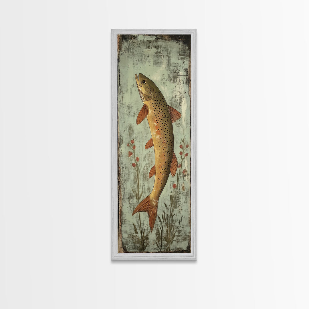 Trout Art Rustic Framed Canvas Print Skinny Vertical Art Fly Fishing Art Rustic Decor Tall Narrow Art Guest Room Wall Decor