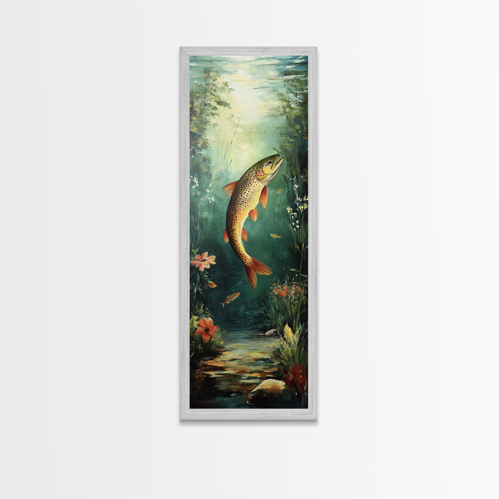 Underwater Trout Scene Canvas Print Rustic Wall Art Fly Fishing Art Wildflower Painting Skinny Art Vertical Rustic Decor