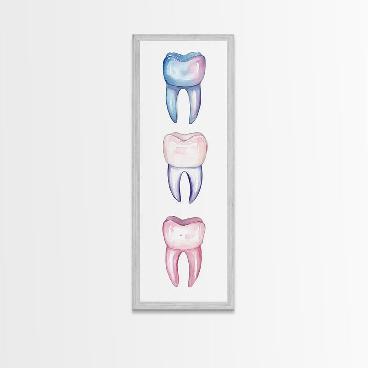 Whimsical Rainbow Teeth Canvas Print, Dentist Office Vertical Wall Art, Vibrant Dental Art Print for Gift Ideas