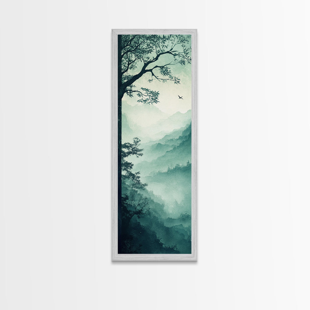 Misty Forest Panorama Framed Canvas Print Southwest Wall Art Vertical Nature Scene Above Couch Art Smoky Mountain Landscape