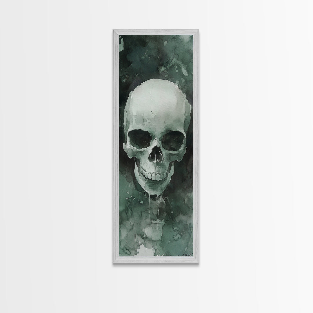 Minimalist Skull Canvas Print in Dark Green Tones, Wabi Sabi Art with Rustic Decor Style, Perfect for Unique Wall Art Accent