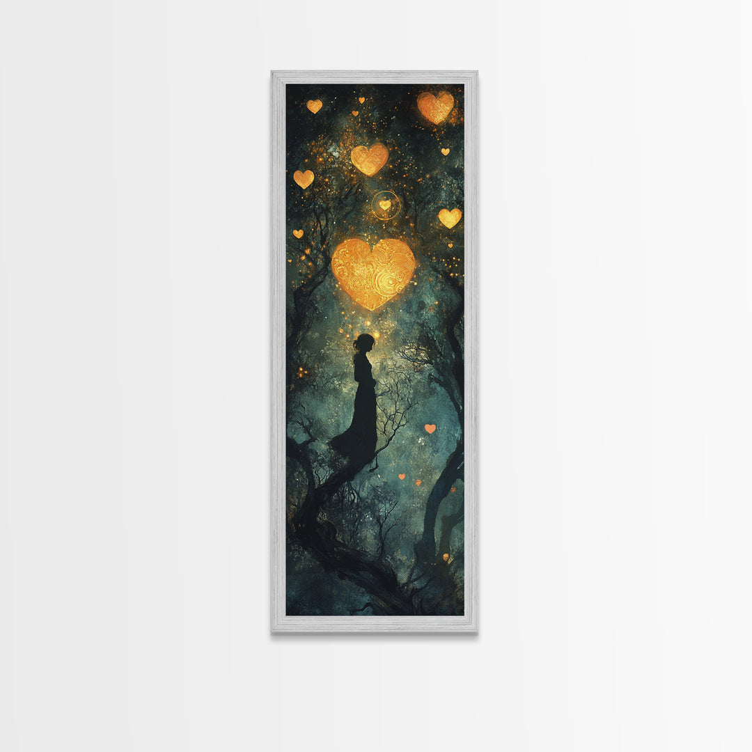 Mystical Heart Silhouette Canvas Print with Starry Night Forest, Moody Wall Art Gift Idea in Whimsical Romantic Style