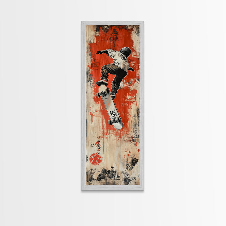 Skateboarder Canvas Print, Red and Black Urban Wall Art, Graffiti Inspired Vertical Artwork, Gift Idea for Living Room or Teen Bedroom