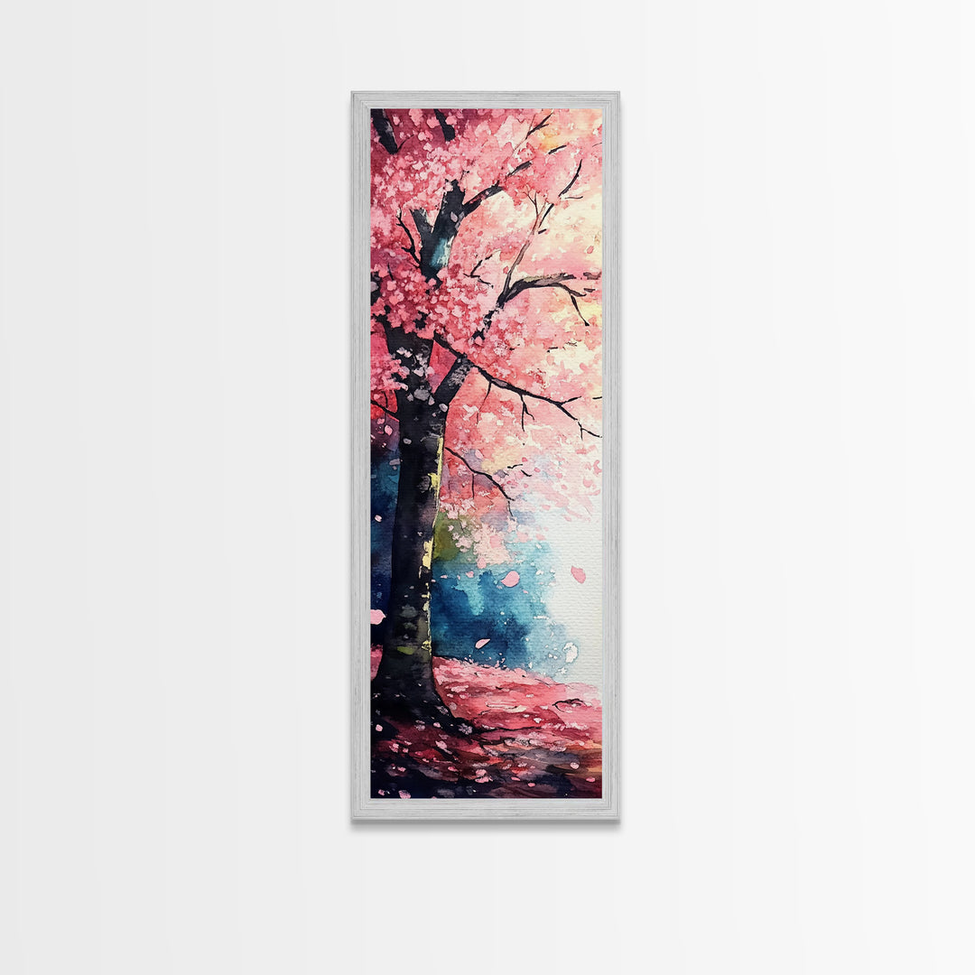 Cherry Blossom Tree Framed Canvas Print, Moody Pink Wall Art, Japanese Botanical Artwork, Vertical Minimalist Decor, Gift Idea