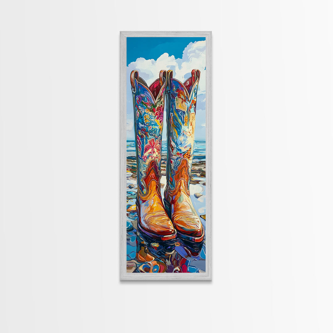 Vibrant Western Boots Framed Canvas Print, Coastal Cowgirl Artwork, Farmhouse Rustic Decor, Bright Living Room Vertical Art