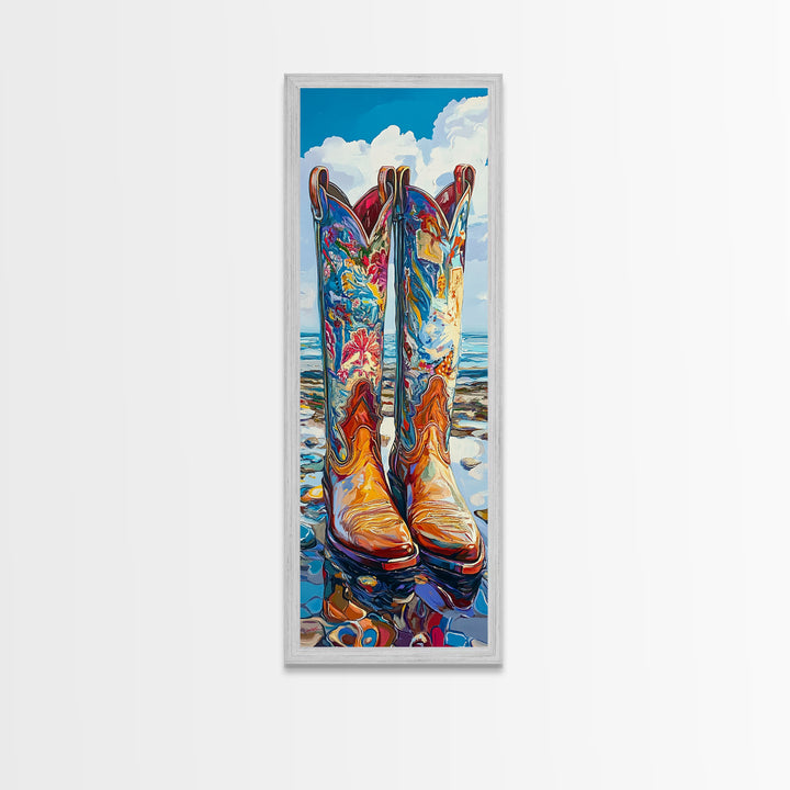 Vibrant Western Boots Framed Canvas Print, Coastal Cowgirl Artwork, Farmhouse Rustic Decor, Bright Living Room Vertical Art